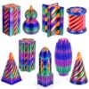9-Pack 3D Printed Fidget Toys Set, Impossible Cone Spiral Pyramid & Little Ouchies Pain Stim for Stress Anxiety Relief, Classroom Gifts for Kids Adults, Rose Red Blue Green Gradient+Gold Red