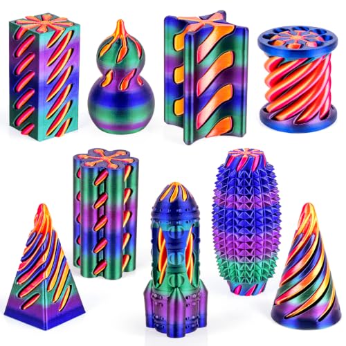 9-Pack 3D Printed Fidget Toys Set, Impossible Cone Spiral Pyramid & Little Ouchies Pain Stim for Stress Anxiety Relief, Classroom Gifts for Kids Adults, Rose Red Blue Green Gradient+Gold Red