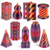 9-Pack 3D Printed Fidget Toys Set, Impossible Cone Spiral Pyramid & Little Ouchies Pain Stim for Stress Anxiety Relief, Classroom Gifts for Kids Adults, Black Red Purple Gradient + Gold Red