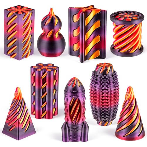 9-Pack 3D Printed Fidget Toys Set, Impossible Cone Spiral Pyramid & Little Ouchies Pain Stim for Stress Anxiety Relief, Classroom Gifts for Kids Adults, Black Red Purple Gradient + Gold Red