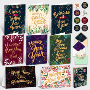 Decorably 24 Pack Gold Foiled 6x4in Happy New Year Cards with Envelopes