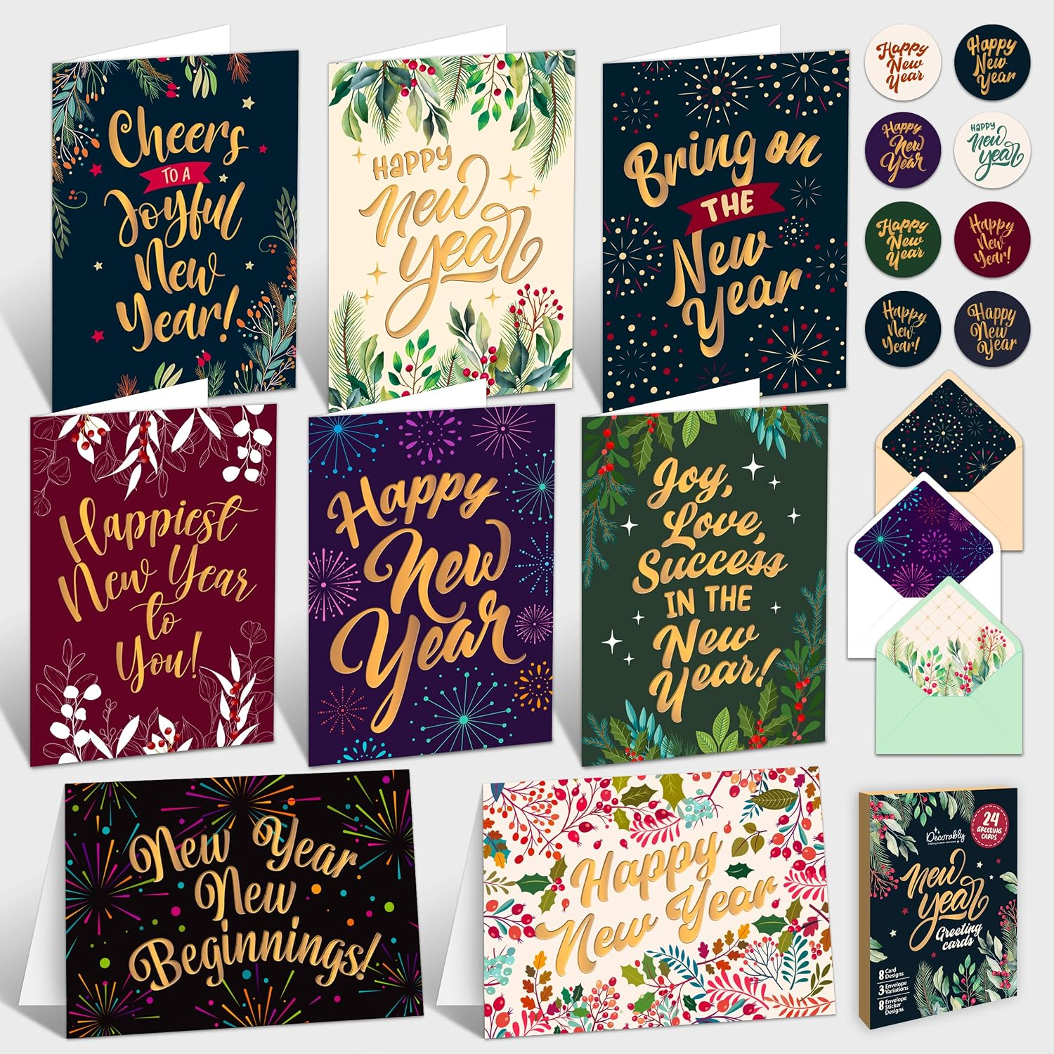 Decorably 24 Pack Gold Foiled 6x4in Happy New Year Cards with Envelopes