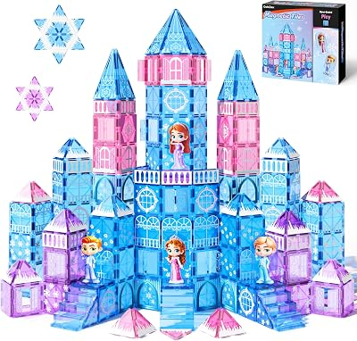 GobiDex 100PCS Magnetic Tiles Princess Castle with 4 Dolls & Stairs, Princess Magnetic Building Blocks for Kids Ages 3-5 4-8, Magnets Sensory Toddler Toys Birthday Gifts for 3+ Year Old Girls Boys