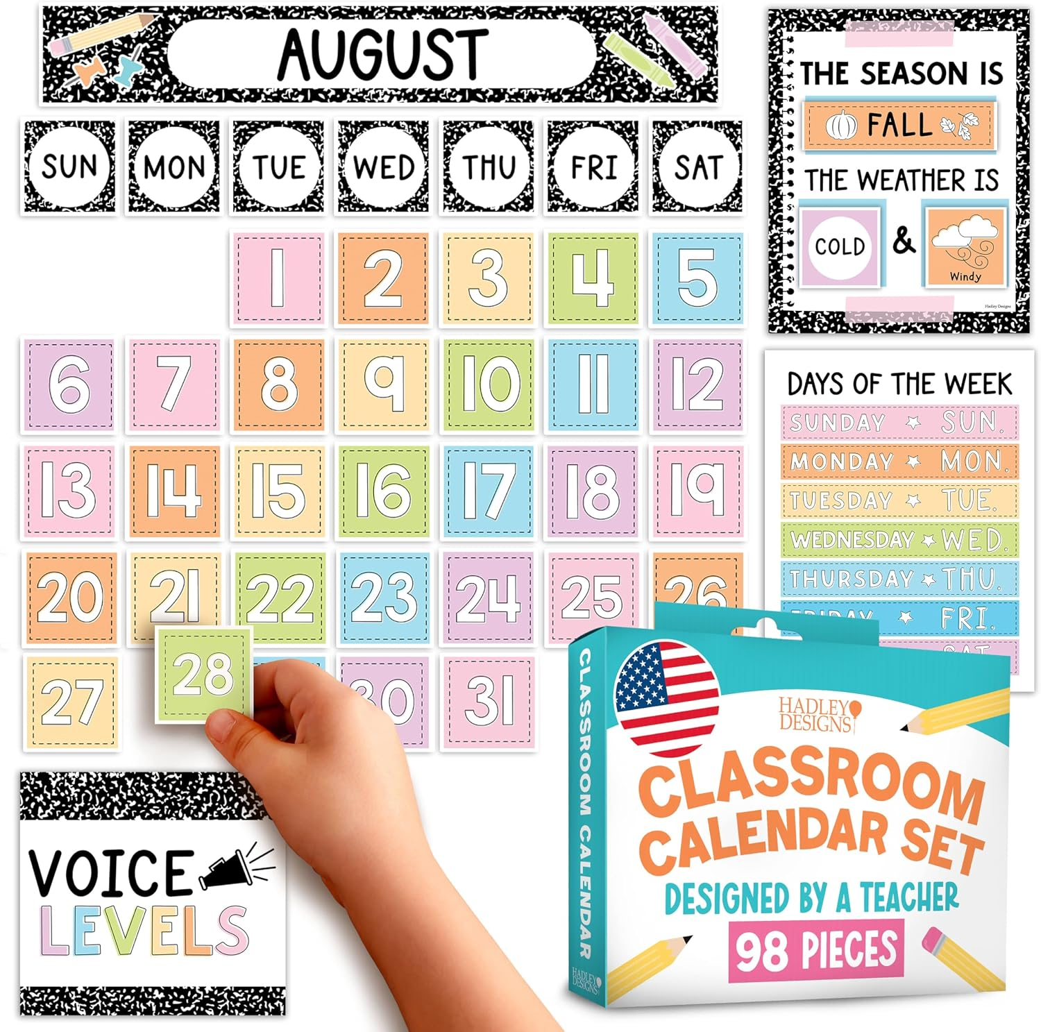 Hadley Designs Classroom Calendar Set Bulletin Board Decorations - Pastel School Calendar for Classroom Decor, Kindergarten Preschool Elementary Teacher Must Haves, Homeschool & Daycare Essentials