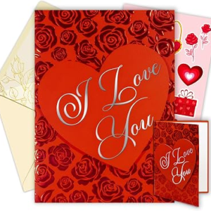 Decorably Red Foil Embossed 5x7in Handmade Individual Valentines Card with Heart Cutout, with Envelope and Stickers for Wife or Husband, Printed Message Inside – Anniversary, Gifting and Mailing
