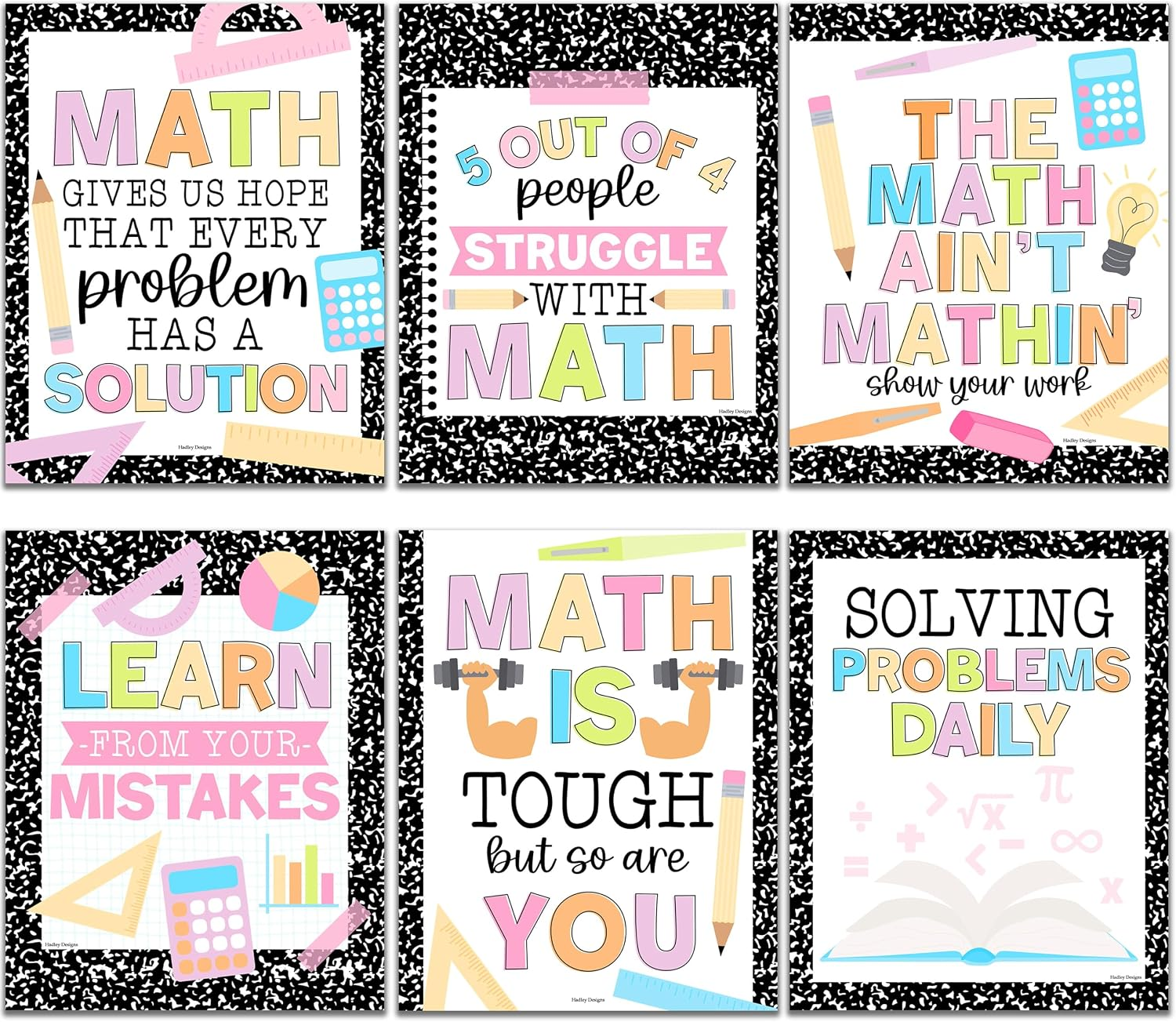 Hadley Designs Math Motivational Posters - 6 Math Posters for Middle School, Elementary School & High School Classroom Must Haves, Teacher Supply for Bulletin Board Set and Composition Classroom Decor
