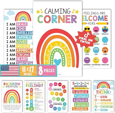 Hadley Designs 8 Calming Corner Posters for Classroom Must Haves -Calm Down Corner Supplies with Emotions Chart, School Counselor Mental Health Poster, Feelings Chart For Kids, Rainbow Classroom Decor