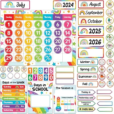 Decorably 147 Pcs Cutouts Rainbow Classroom Calendar Bulletin Board Set
