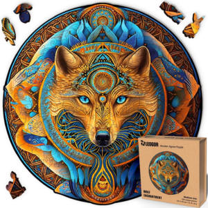 LEOGOR Wooden Jigsaw Puzzles for Adults (12 × 11.8 in), 200 Piece Wolf Puzzle with Unique Mosaic Shapes, Extra-Thick 5 mm Wood, Challenging Round Brain Teaser, Premium Gift for Adults