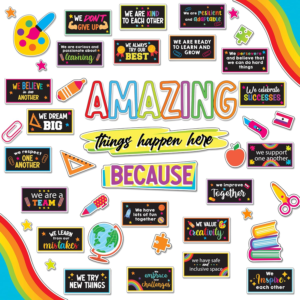Decorably 49 Pcs Amazing Things Happen Here Bulletin Board Set