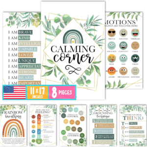Hadley Designs 8 Calming Corner Posters for Classroom Must Haves -Calm Down Corner Supplies with Emotions Chart,School Counselor Mental Health Poster, Feelings Chart For Kids, Greenery Classroom Decor