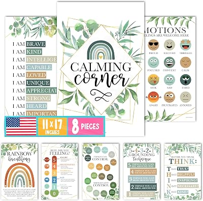 Hadley Designs 8 Calming Corner Posters for Classroom Must Haves -Calm Down Corner Supplies with Emotions Chart,School Counselor Mental Health Poster, Feelings Chart For Kids, Greenery Classroom Decor