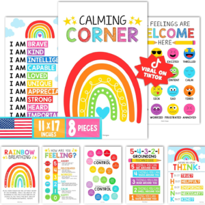 Hadley Designs 8 Calming Corner Posters for Classroom Must Haves -Calm Down Corner Supplies with Emotions Chart, School Counselor Mental Health Poster, Feelings Chart For Kids, Rainbow Classroom Decor