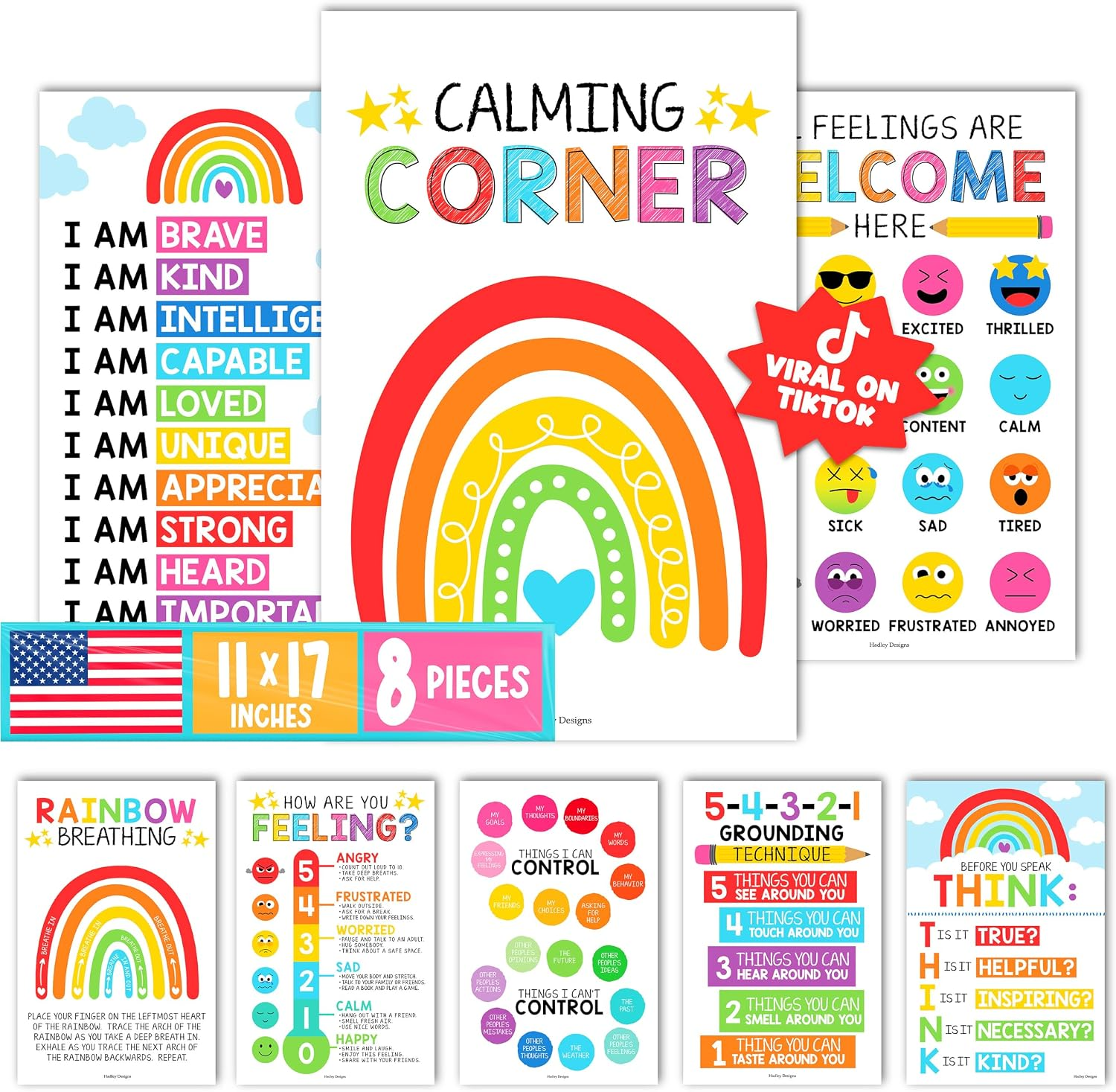 Hadley Designs 8 Calming Corner Posters for Classroom Must Haves -Calm Down Corner Supplies with Emotions Chart, School Counselor Mental Health Poster, Feelings Chart For Kids, Rainbow Classroom Decor