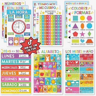 Hadley Designs Spanish Posters for Classroom - 12 Bilingual Educational Posters for Spanish Classroom Decorations Must Haves, Calendario y Alfabeto en Español Para la Pared, Colorful Teacher Supplies