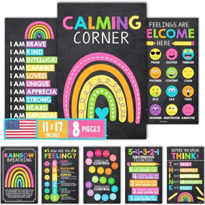 Hadley Designs 8 Calming Corner Posters for Classroom Must Haves -Calm Down Corner Supplies with Emotion Chart,School Counselor Mental Health Poster,Feelings Chart For Kids, Chalkboard Classroom Decor