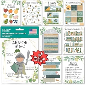 Hadley Designs Sunday School Decorations for Classroom –9 Bible Posters for Kids, Books of the Bible, 10 Commandments, Bible Timeline Chart, Fruits of the Spirit, Greenery Christian Classroom Decor