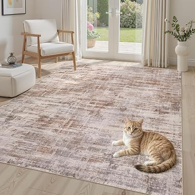 UERMEI 5x7 Washable Area Rug for Living Room: Modern Neutral Abstract Soft Low Pile Carpet Non-Slip Pet Kids Friendly Indoor Decor for Bedroom Dining Room Home Office Nursery Blue Brown