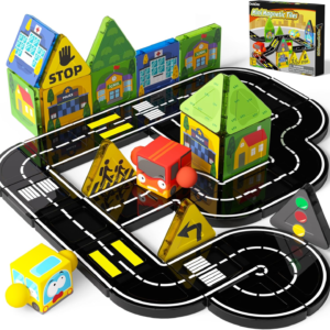 GobiDex Mini Magnetic Tiles Road Set with 2 Cars, Compact Travel Magnetic Blocks Building Toys for Kids Ages 3-5 4-8, Birthday Gifts for Boys