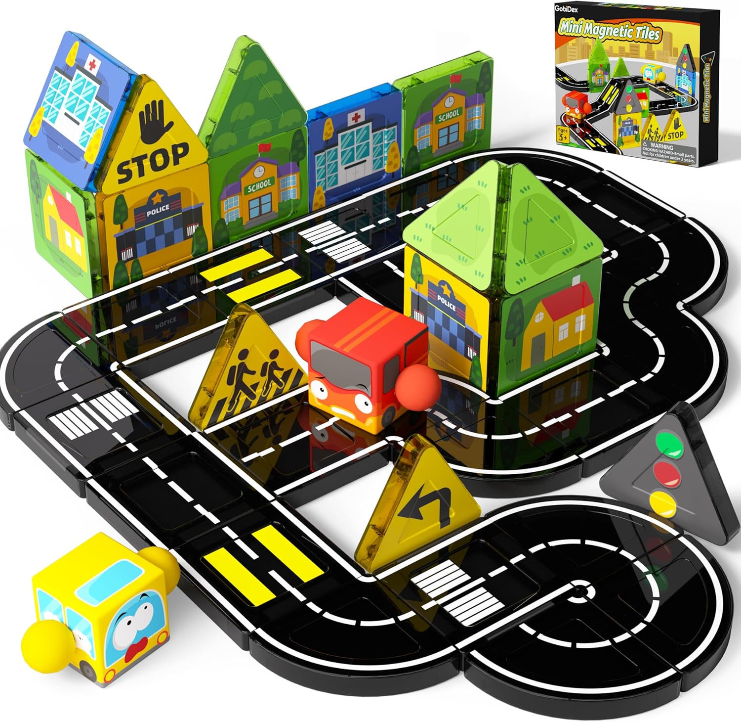 GobiDex Mini Magnetic Tiles Road Set with 2 Cars, Compact Travel Magnetic Blocks Building Toys for Kids Ages 3-5 4-8, Birthday Gifts for Boys