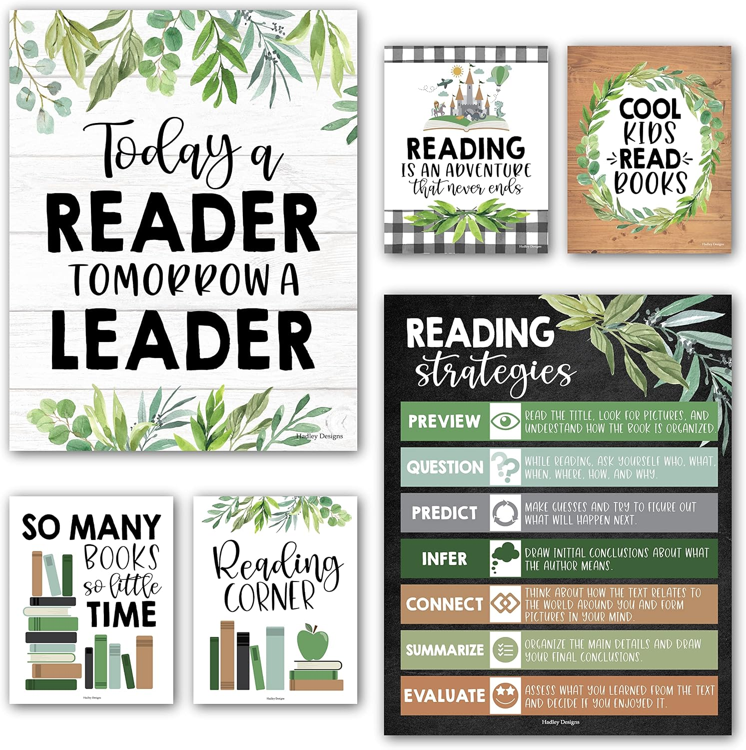 Hadley Designs Reading Posters for Classroom Elementary and Library Decor - 6 Reading Corner Decor for Classroom Decorations, Reading Strategies Library Posters, Farmhouse Bulletin Board Decorations