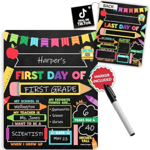 My First Day of School Sign with Marker -11″x14″ Double-sided & Reusable Back to School Sign Board and Photo Prop for First and Last Day, Kindergarten PreK Preschool Chalkboard Back to School Supplies