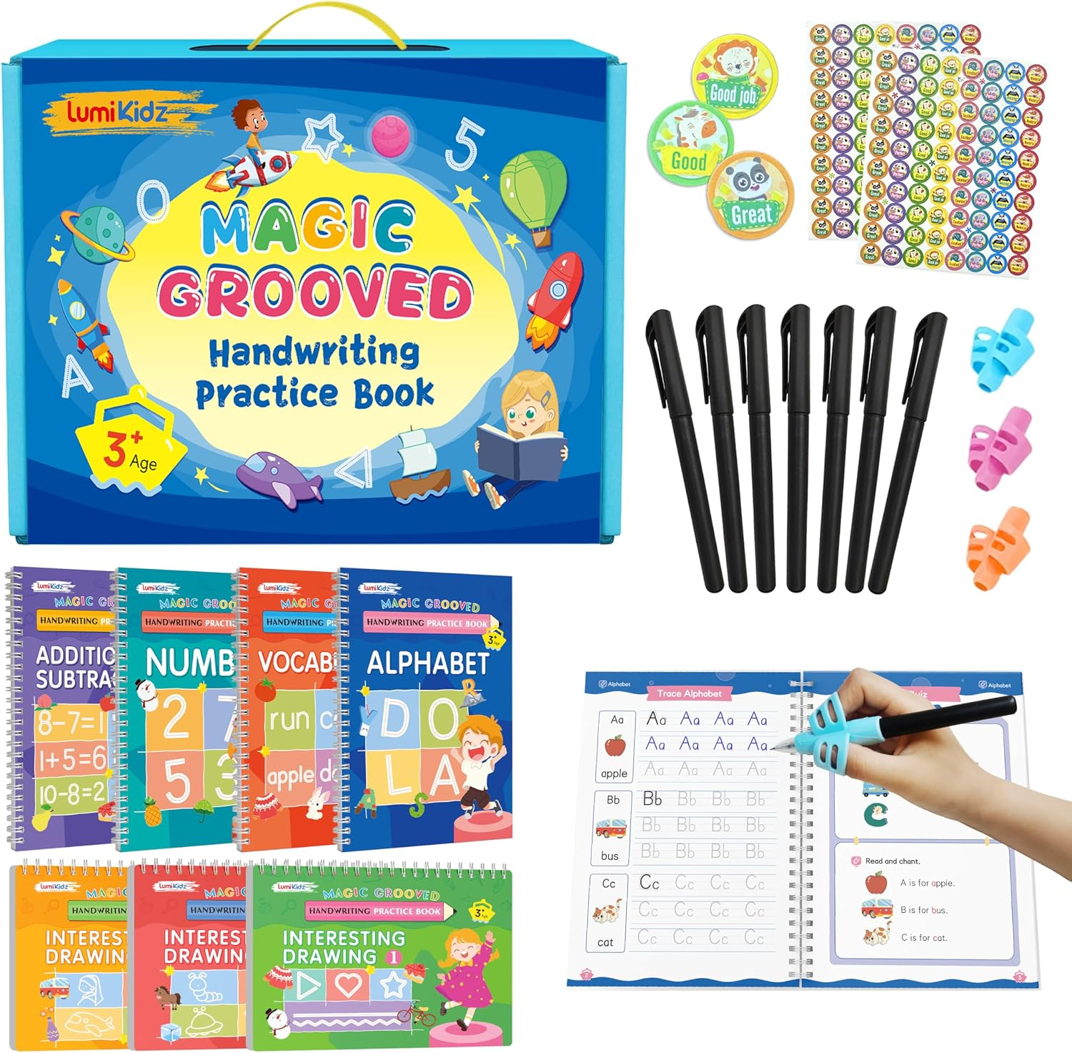 Lumikidz Magic Grooved Writing Practice for Kids Ages 3–5 - Reusable Grooved Writing Books for Kids 3–5 - Handwriting Practice for Kids 5–7 - Preschool Tracing Books & Learning Activities