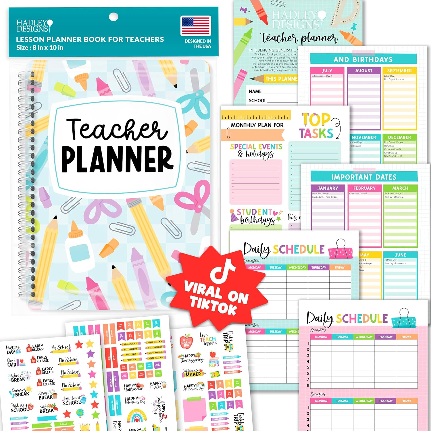 Hadley Designs Teacher Planner 2026-2027 Academic Year - Undated Teacher Lesson Planner Book for Teachers, Homeschool Planners 2026-2027, First Year Teachers Must Haves, Back to School Teaching Gifts