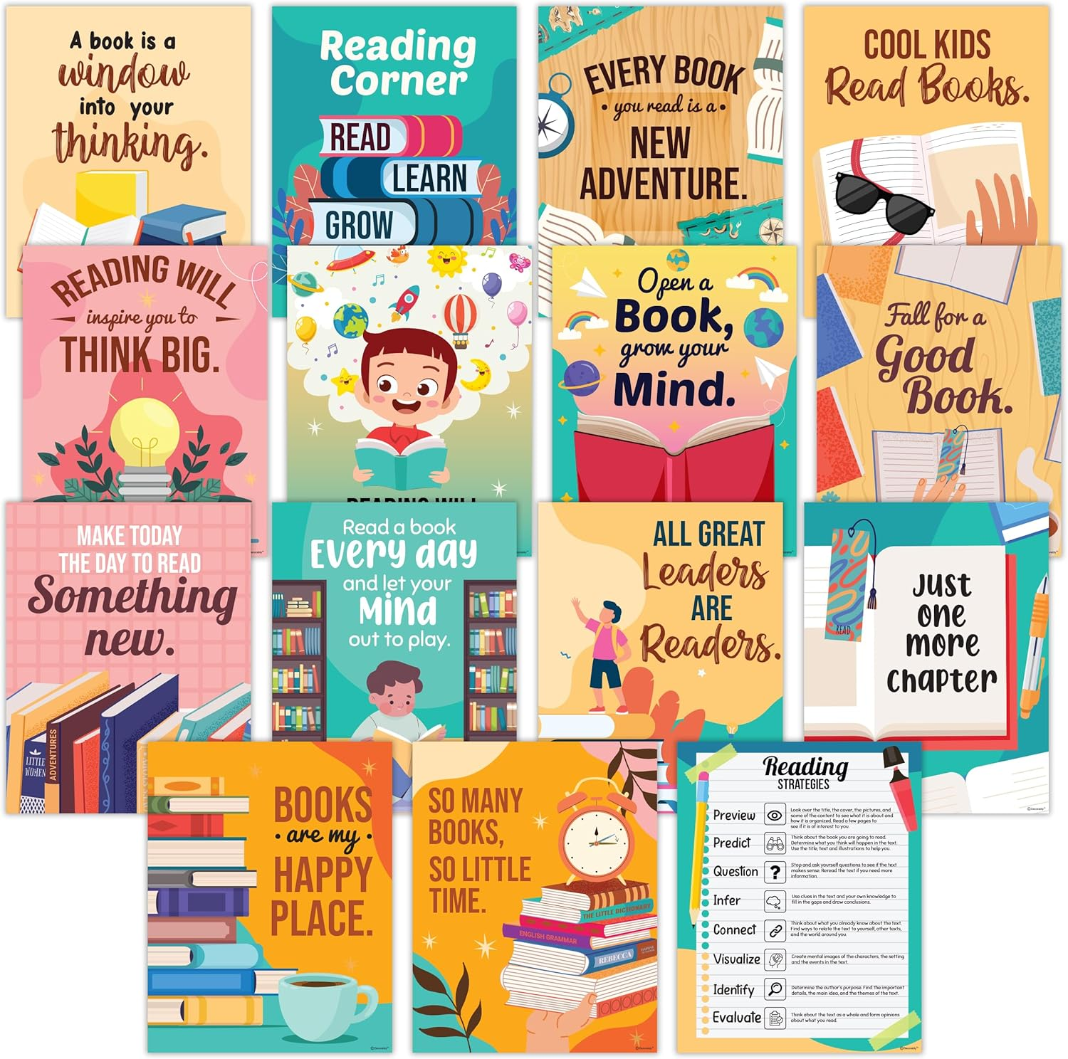 Decorably 15 Reading Posters for Classroom, Library Posters, 11x14in