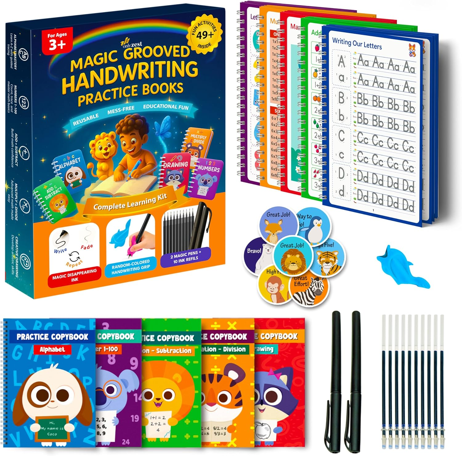 Magic Grooved Writing Practice for Kids – 5 Reusable Grooved Handwriting Books for Ages 3–5 & 6–8 - 49+ Activities for Alphabet, Numbers, Math & Drawing - Erasable Magic Ink - Pen Grip for Small Hands