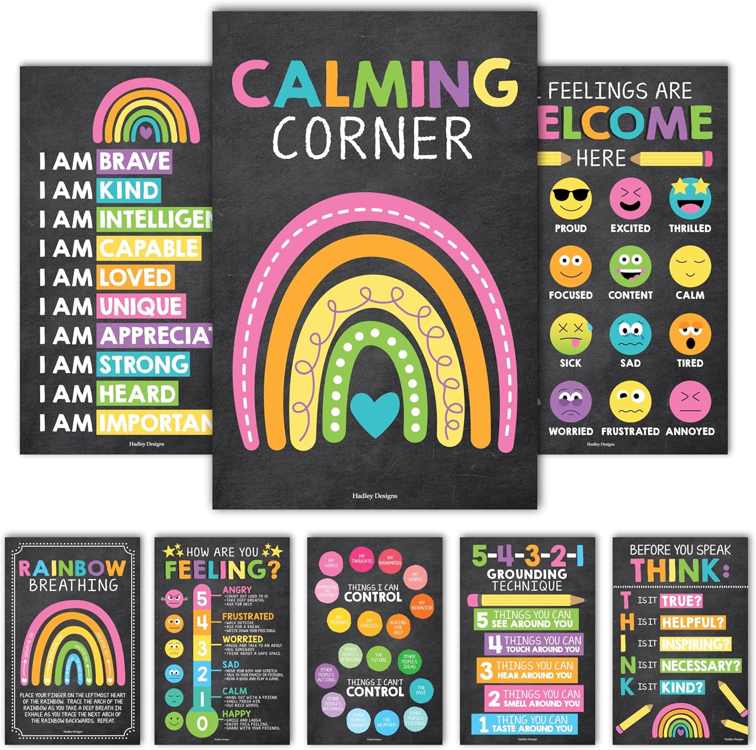 Hadley Designs 8 Calming Corner Posters for Classroom Must Haves -Calm Down Corner Supplies with Emotion Chart,School Counselor Mental Health Poster,Feelings Chart For Kids, Chalkboard Classroom Decor