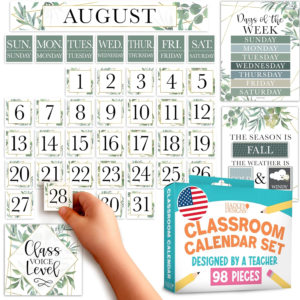 Hadley Designs Classroom Calendar Set Bulletin Board Decorations – Greenery School Calendar for Classroom Decor, Kindergarten Preschool Elementary Teacher Must Haves, Homeschool & Daycare Essentials
