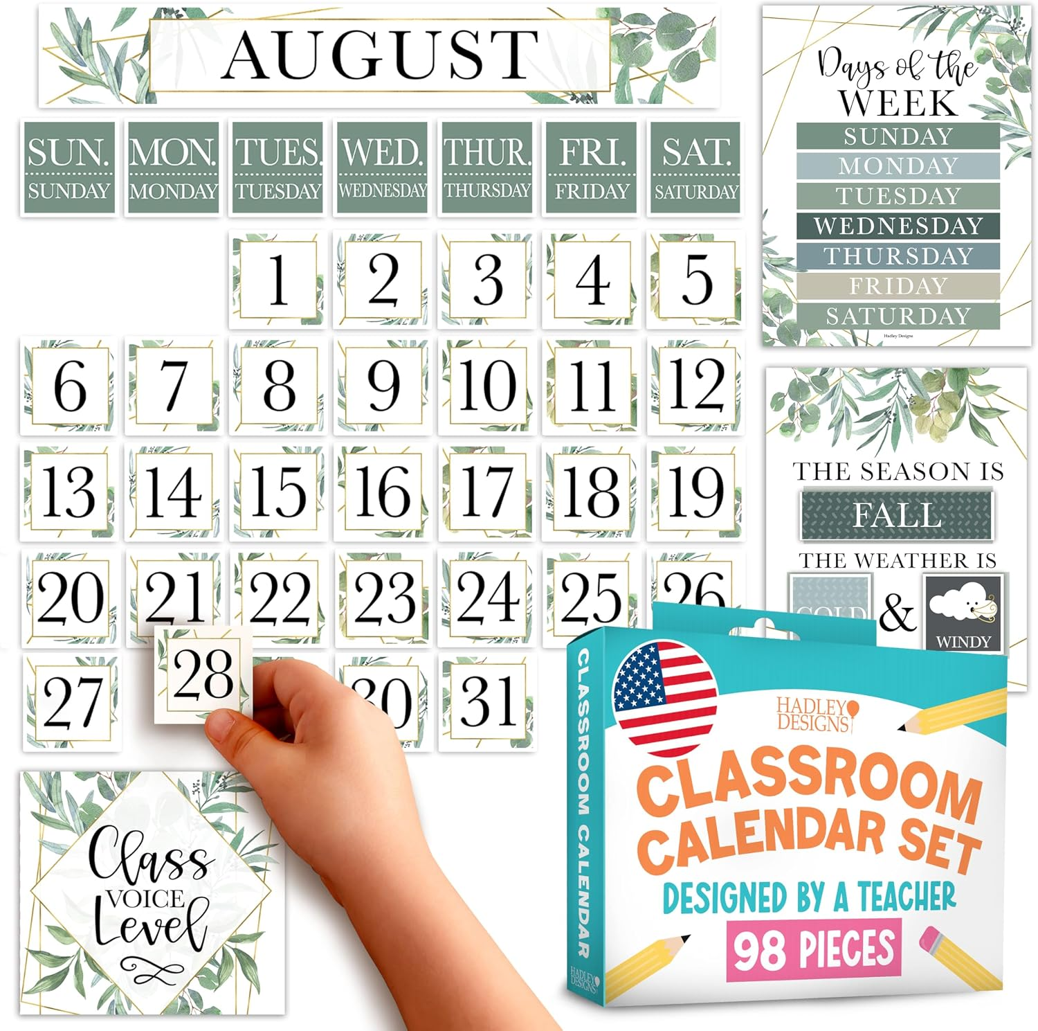 Hadley Designs Classroom Calendar Set Bulletin Board Decorations - Greenery School Calendar for Classroom Decor, Kindergarten Preschool Elementary Teacher Must Haves, Homeschool & Daycare Essentials