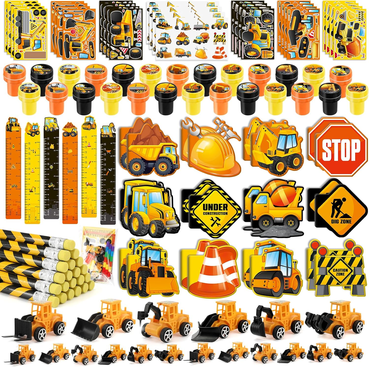 BenLouis 96Pcs Construction Party Favors Excavator Tractor Theme School Stationery Set Bulk for Kids Construction Birthday Party Goodie Bag Stuffers Classroom Gifts Rewards Pinata Filler