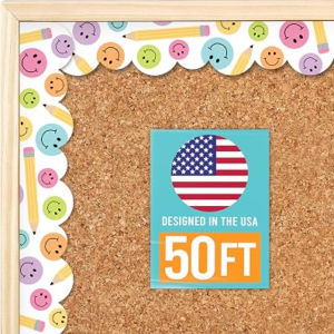 50ft Bulletin Board Borders Trim – Classroom Borders for Bulletin Board Decorations, Daycare Teacher Must Haves, Home & Office DIY Supplies, Smiley Back to School & Workplace Events Party Decor