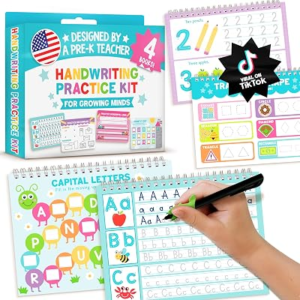 Hadley Designs Grooved Writing Books for Kids 3-5, Preschool Learning Activities, 3D Magic Grooved Writing Practice for Kids, Reusable Disappearing Ink Handwriting Book, 4 Large PreK Tracing Workbooks