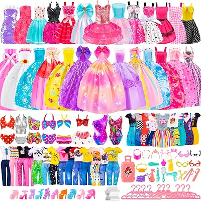 110 PCS Doll Clothes and Accessories for 11.5 Inch Doll | Includes wedding dresses, casual outfits, jumpsuits, swimsuits, shoes, for creative doll dress up play toys for girls gifts