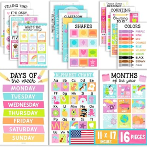 Hadley Designs 16 Educational Posters for Classroom Must Haves – Laminated Pre-K Posters for Toddler Homeschool Essentials, Toddler & Preschool Learning Activities, Kindergarten Classroom Decor
