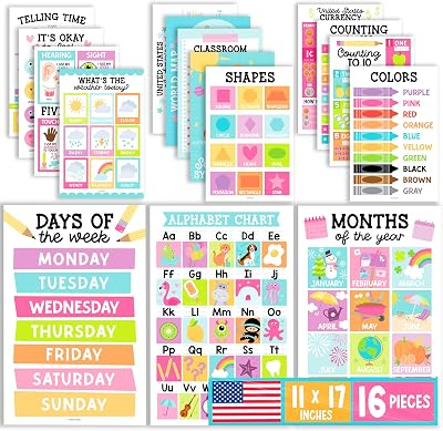 Hadley Designs 16 Educational Posters for Classroom Must Haves - Laminated Pre-K Posters for Toddler Homeschool Essentials, Toddler & Preschool Learning Activities, Kindergarten Classroom Decor
