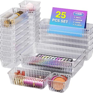 25 PCS Clear Plastic Drawer Organizer Set – 4 Sizes Makeup Organizer Desk Drawer Divider Bathroom Organizers and Storage Bins for Makeup, Jewelry, Gadgets, Office, Kitchen, Bedroom, Bathroom