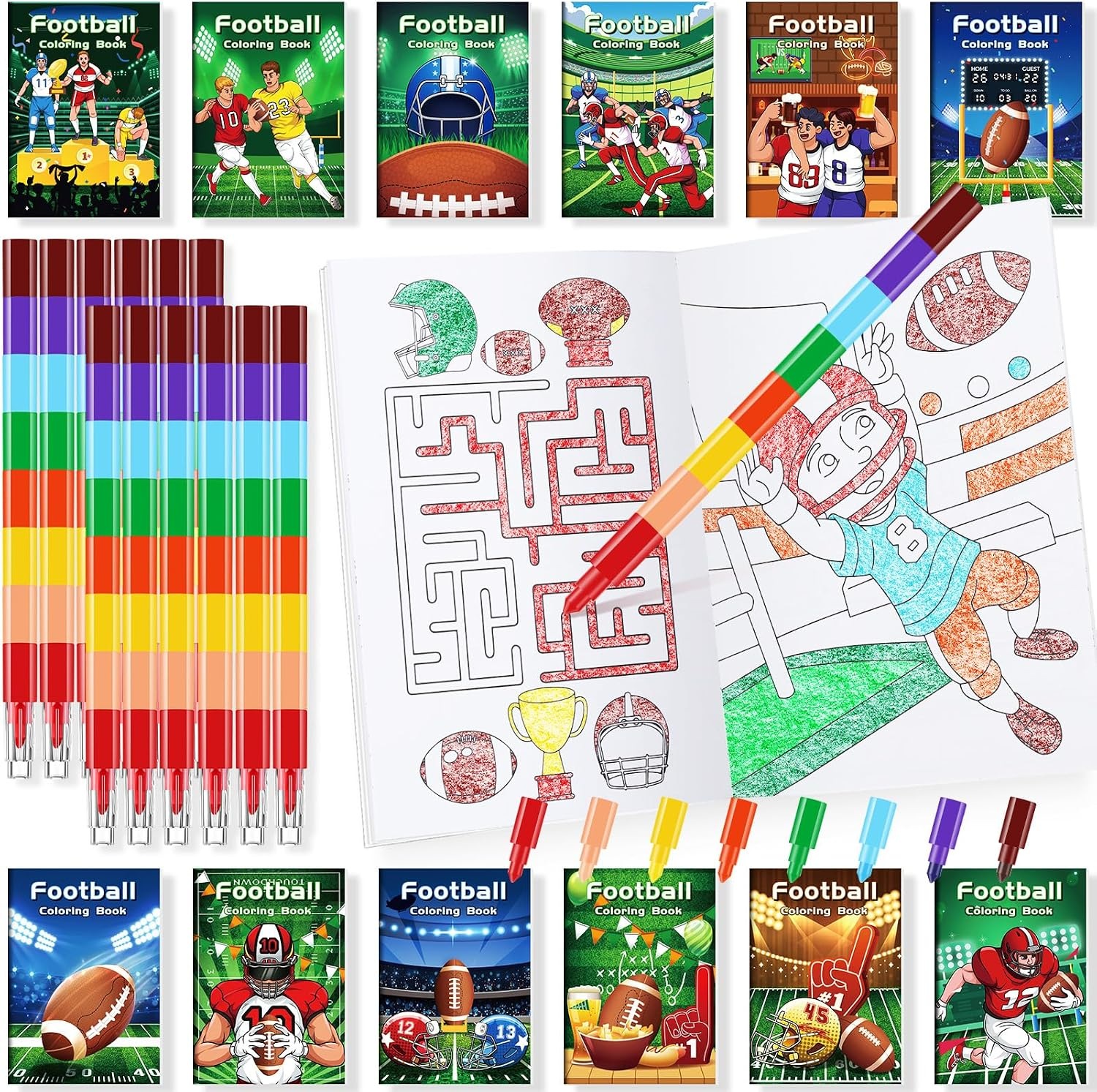 BenLouis 24 Football Mini Coloring Books Kids with 24 Stacking Crayons Football Party Favors Activity Books Bulk for Kids Boys Super Football Bowl Goodie Bag Gift Stuffer Classroom Reward
