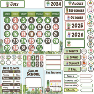 Decorably 137 Pcs Cutouts Inspirational Cactus Calendar Bulletin Board Set