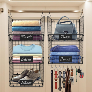 DECOLURE 5-Tier Adjustable Hanging Closet Organizer – Maximize Hanging Storage w/ 4 Hanging Hooks, 8 S Hooks & 5 Name Plates – Sturdy Foldable Wire Storage Hanging Shelves for Clothes, Towels (Black)