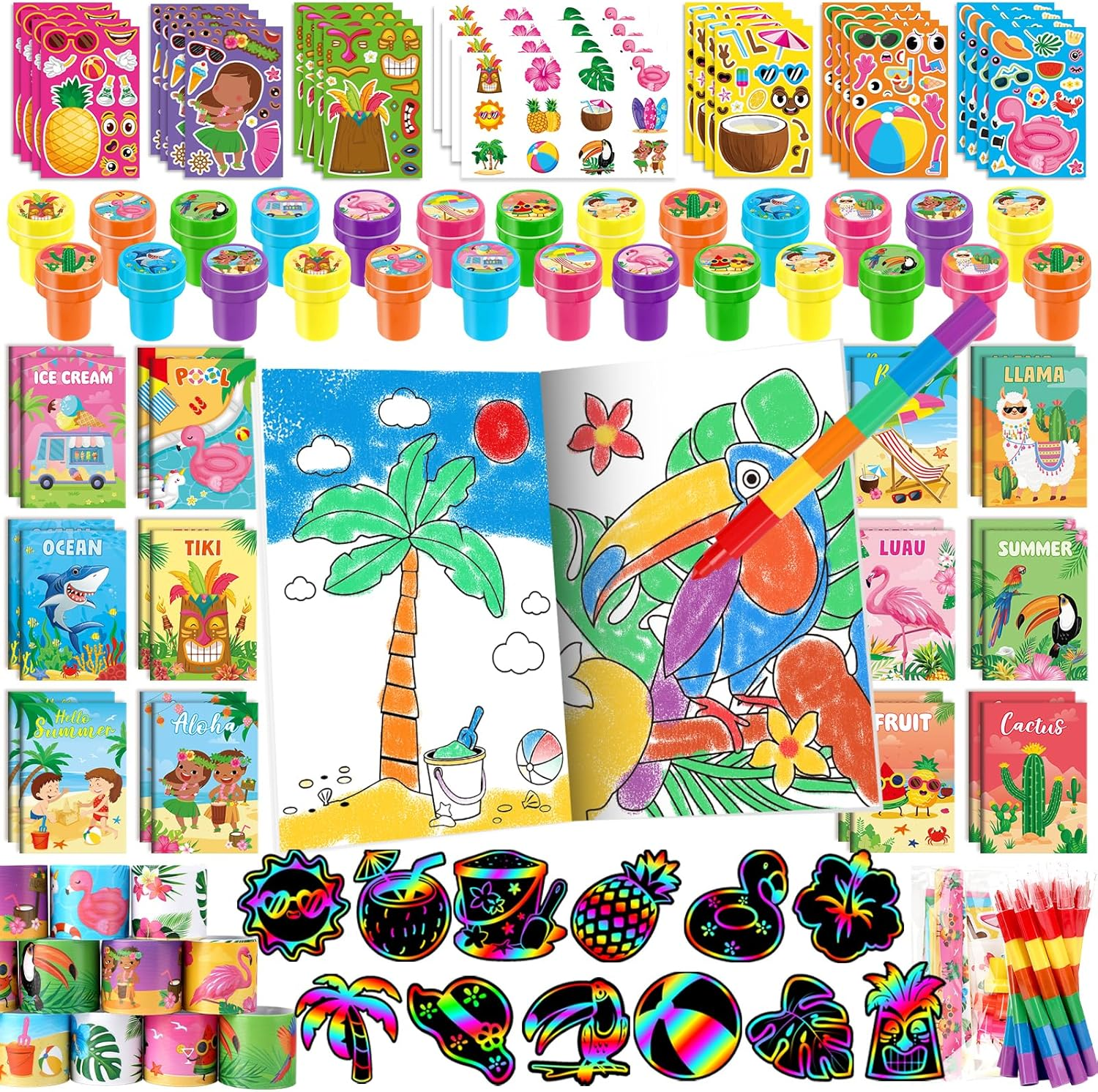 BenLouis 96Pcs Hawaiian Luau Party Favors Aloha Summer Tiki Theme Coloring Books Crayons Sticker Set Bulk for Kids Beach Pool Birthday Goodie Bag Stuffer Classroom Gifts Rewards Craft Pinata Fillers
