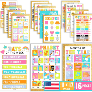 Hadley Designs 16 Educational Posters for Classroom Must Haves – Laminated Pre-K Posters for Toddler Homeschool Essentials, Toddler & Preschool Learning Activities, Kindergarten Classroom Decor