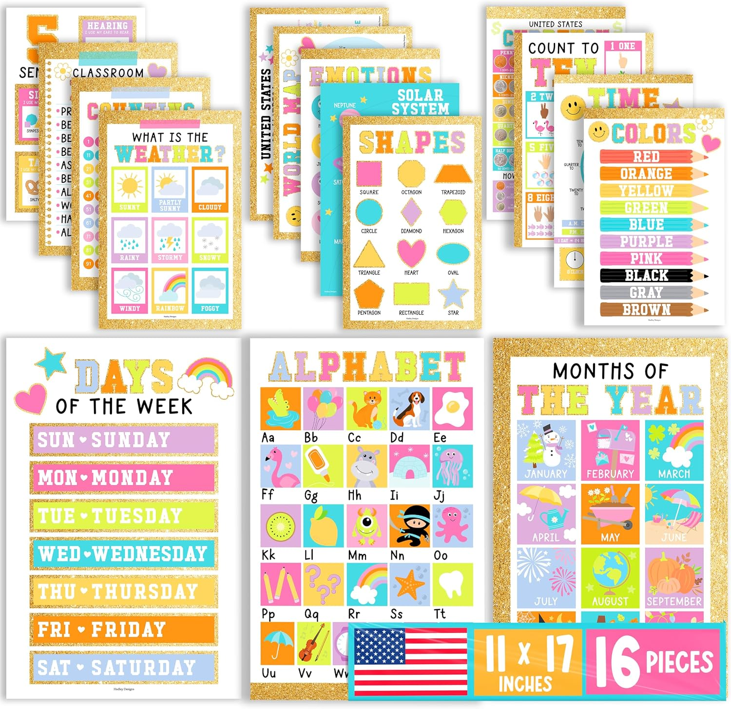 Hadley Designs 16 Educational Posters for Classroom Must Haves - Laminated Pre-K Posters for Toddler Homeschool Essentials, Toddler & Preschool Learning Activities, Kindergarten Classroom Decor