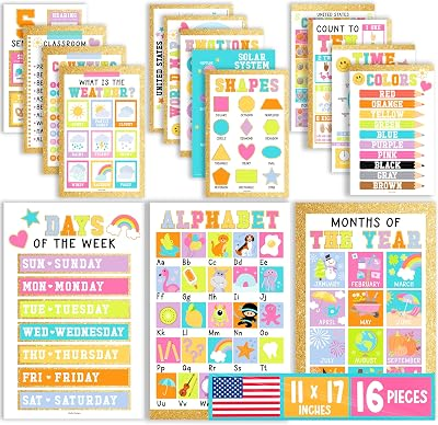 Hadley Designs 16 Educational Posters for Classroom Must Haves - Laminated Pre-K Posters for Toddler Homeschool Essentials, Toddler & Preschool Learning Activities, Kindergarten Classroom Decor