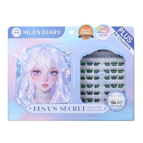 96Pcs Magic Glitter Shimmering Self Adhesive Lash Clusters, 14 Pairs Natural Look Pre-Glued Eyelashes, Christmas, Party and Music Festival Decorative False Eyelashes(Green Glitter)