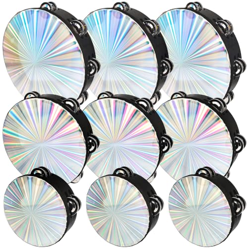 9 Pack Silver Tambourine Set 6 8 10 Inch Double Row Jingle Bell Tambourine Instrument Handheld Percussion Musical Instrument for Adults Church Worship Dance Wedding Party Classroom