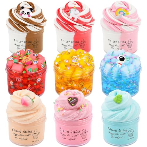 9 Pack Slime Kit with 3 Jelly Cube Crunchy, 3 Butter & 3 Cloud Slime, Non-Sticky DIY Sensory Toys for Kids, Stress Relief Birthday Gift & Party Favor, Classroom Treat Bags